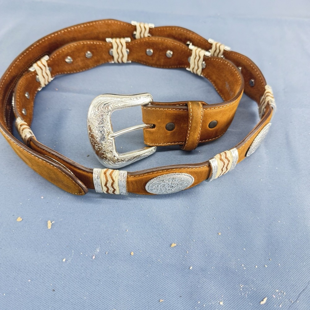 Tony Lama Western Belt Mens 42 Brown Leather Concho Rawhide Whipstitch Rodeo